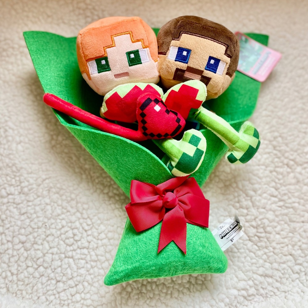 Minecraft Alex and Steve Plush Bouquet Valentine Heart Gift‎ 13 Inch